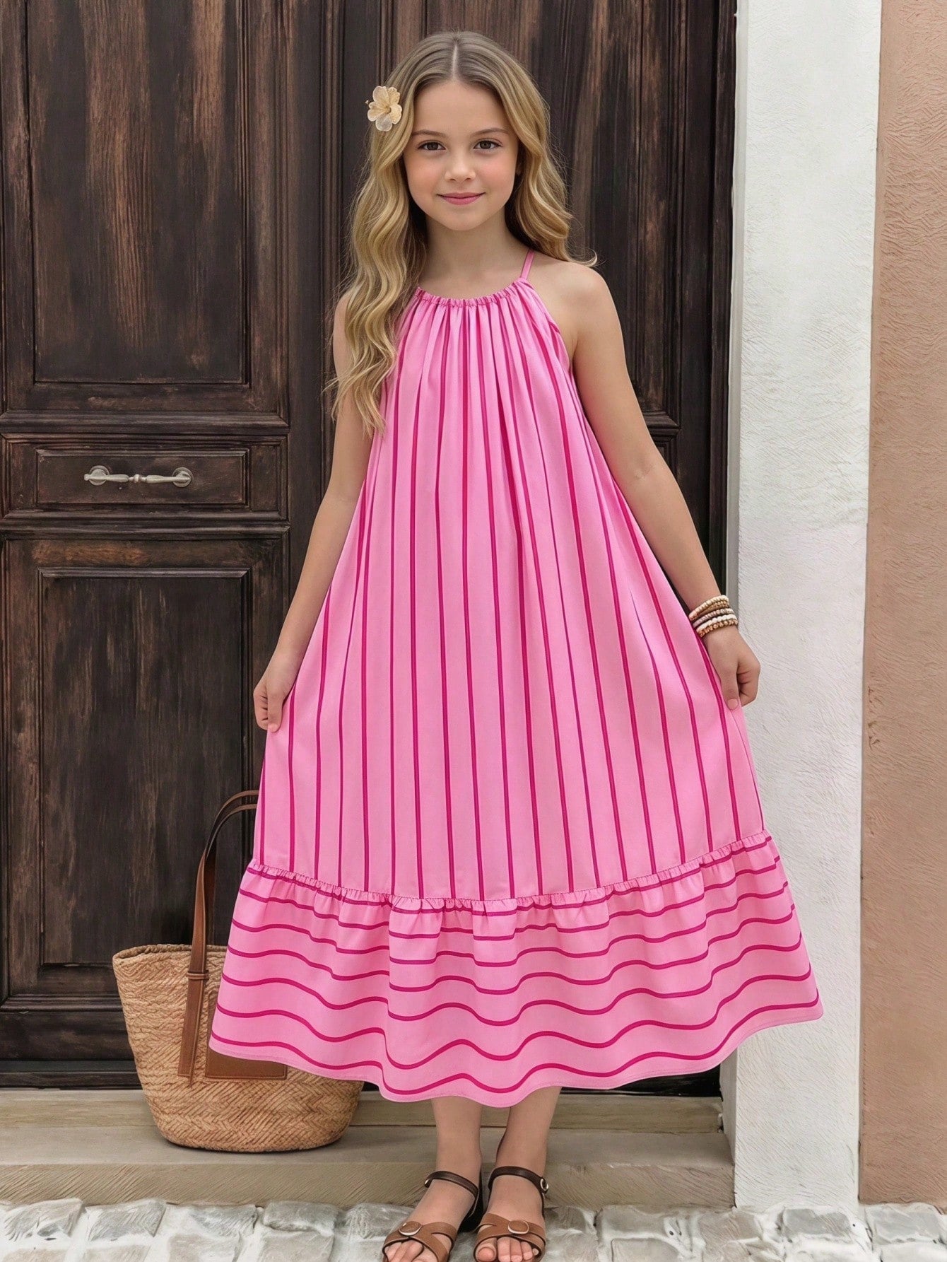 Tween girls green floral print cami dress with halter neckline, sleeveless cut, zipper detail, flared hem, and long vacation style silhouette.