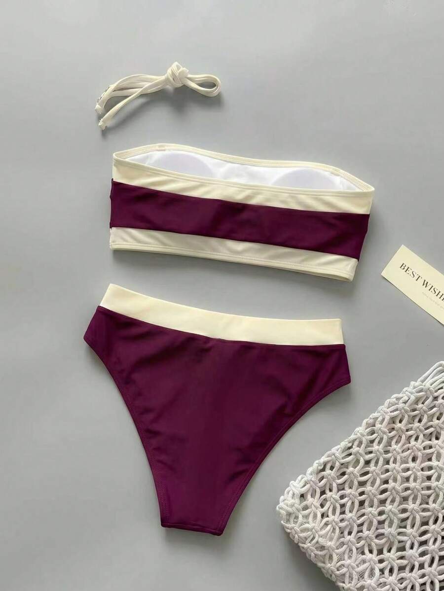 Women's bandeau bikini swimwear set featuring detachable shoulder straps, removable padding, wireless cups, and low-waist bottoms.