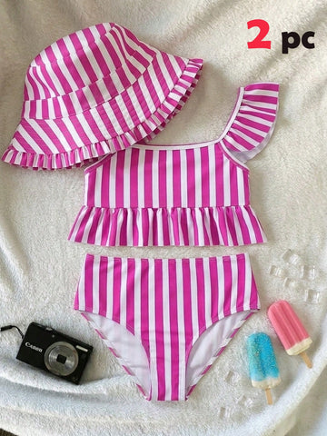 Girls striped tankini swimwear set with ruffle detail, square neckline, wireless top, and high-waist lined bottoms for beach and vacation wear.