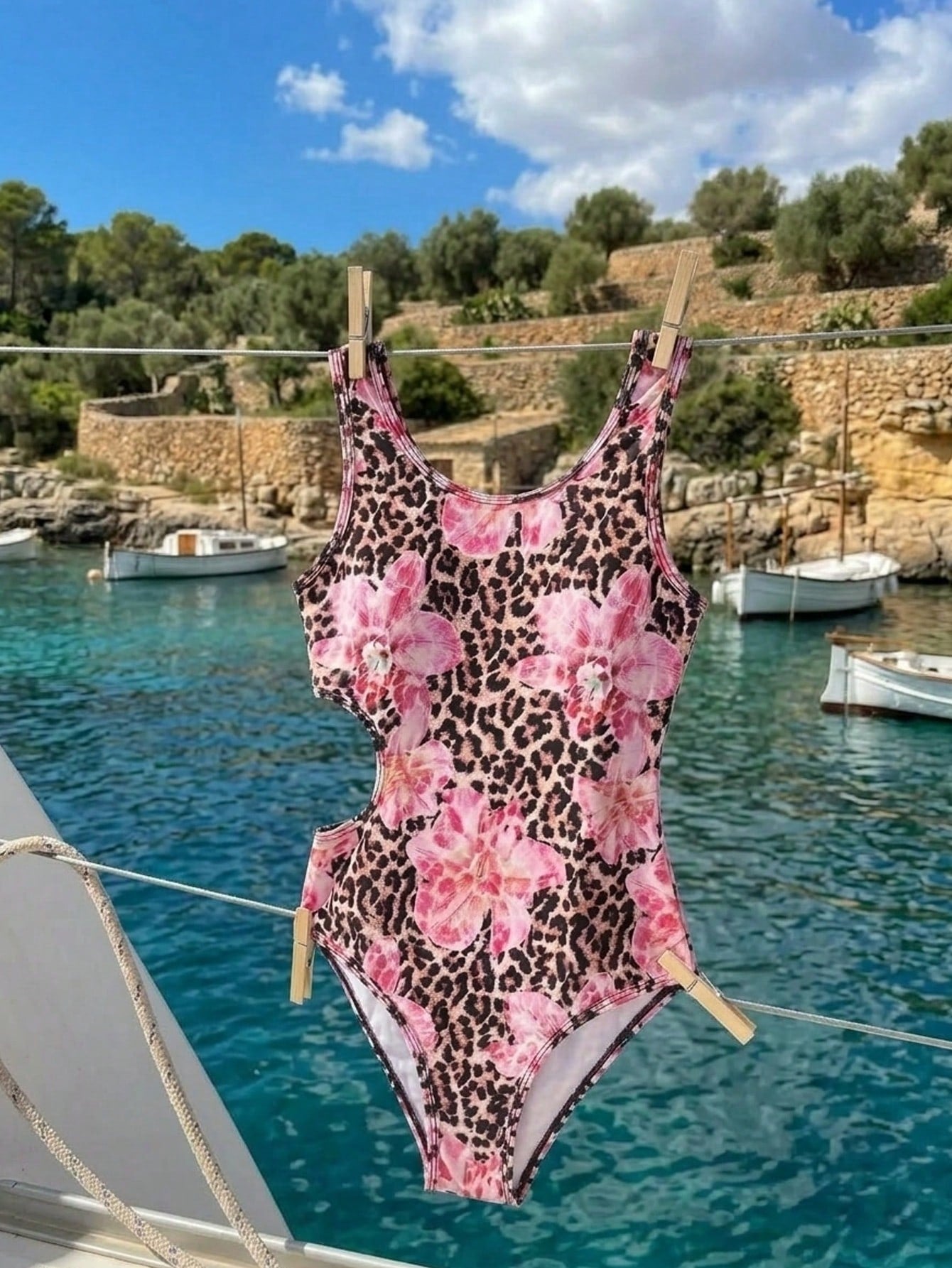 Tween girls' black and white one-piece swimsuit with striped patchwork design, scoop neck, asymmetrical cut-out detail, and fitted vacation swimwear style.