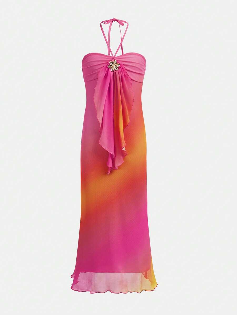 Tween girl yellow long halter dress with textured jacquard knit, sleeveless slim fit cami design, natural waist, straight hem, and lined non-sheer finish for vacation or party wear.