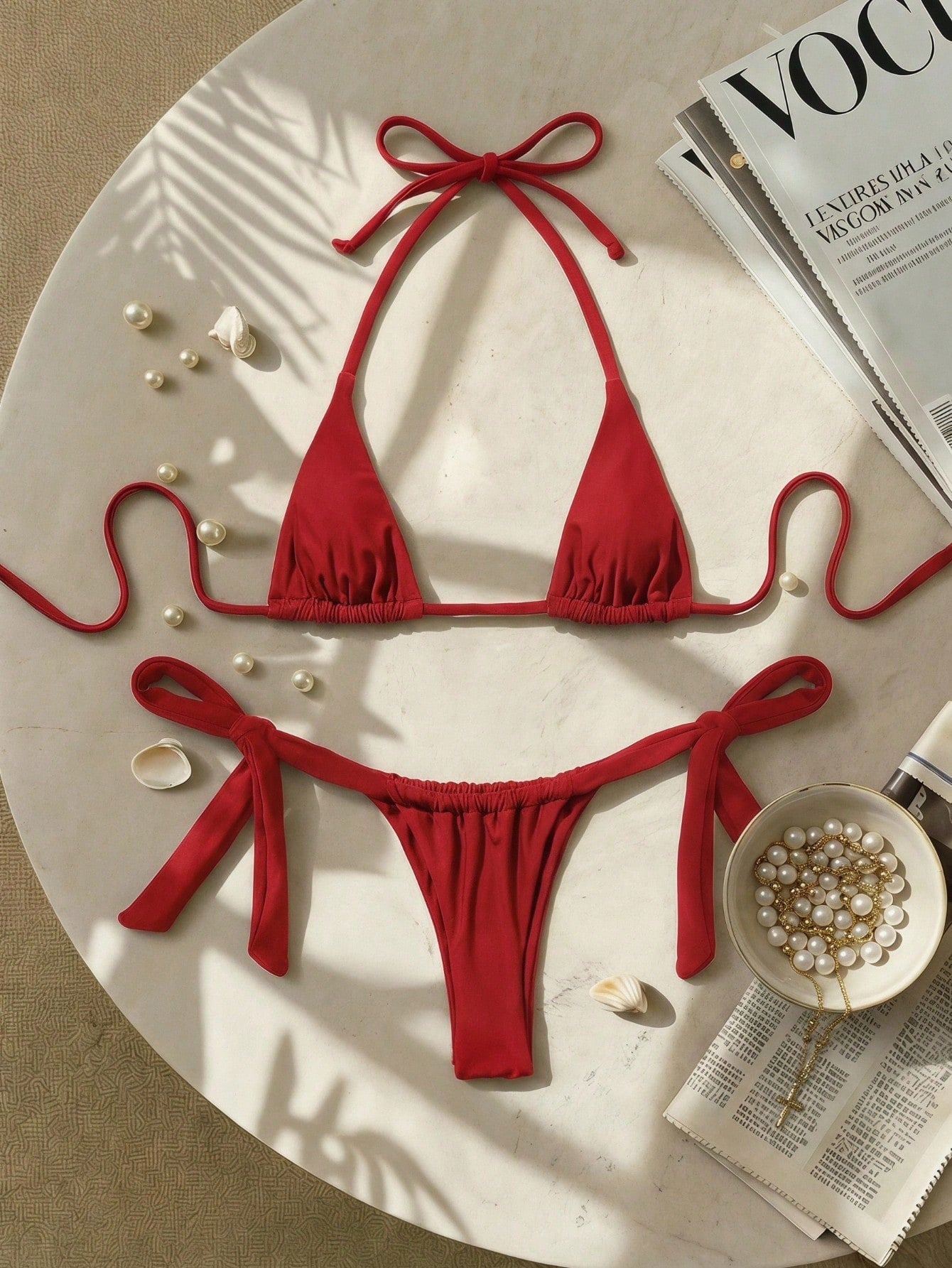 Army green high waist micro bikini swimsuit set for women featuring wireless spaghetti strap top with chain knot details and tie side thong bottoms.