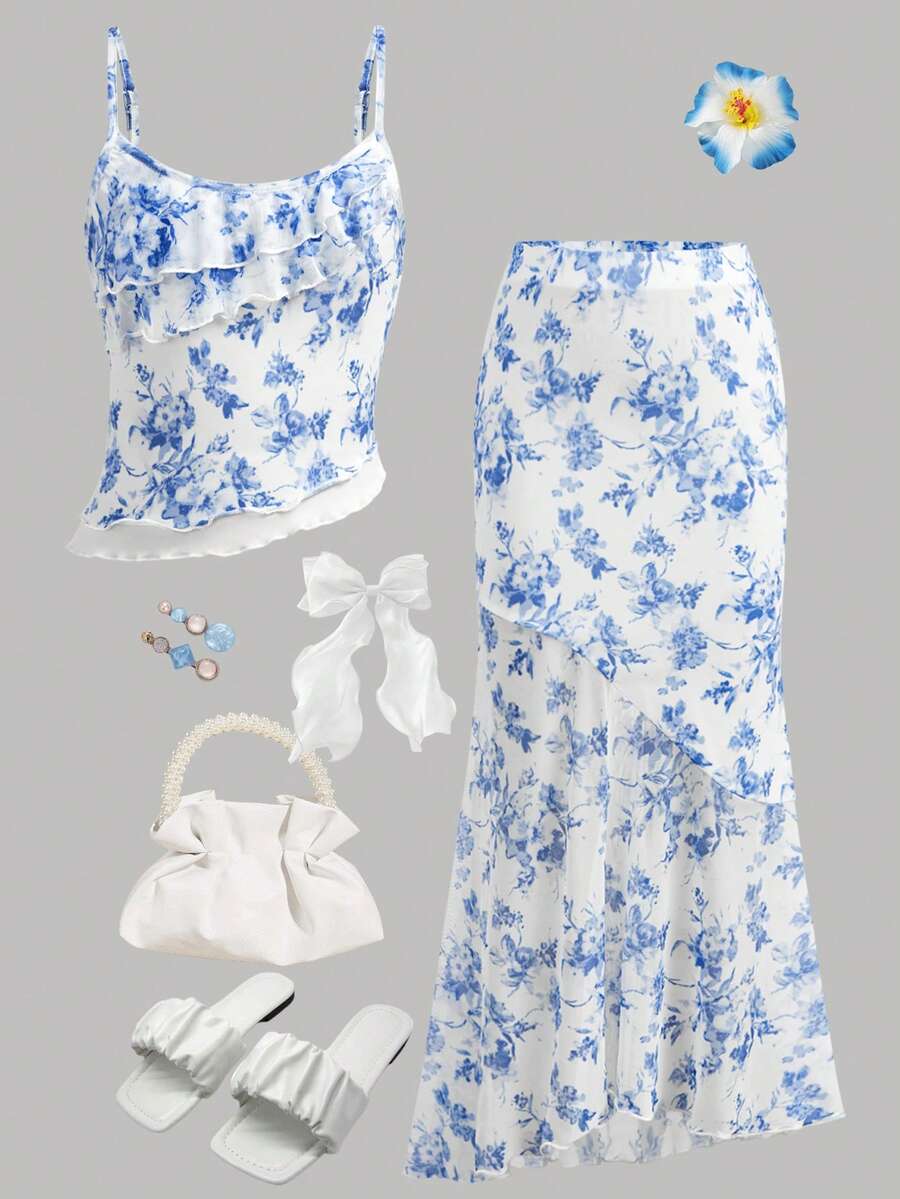 Tween girls blue 2-piece set featuring a short spaghetti strap lace tank top with asymmetrical lettuce trim and a long matching skirt.