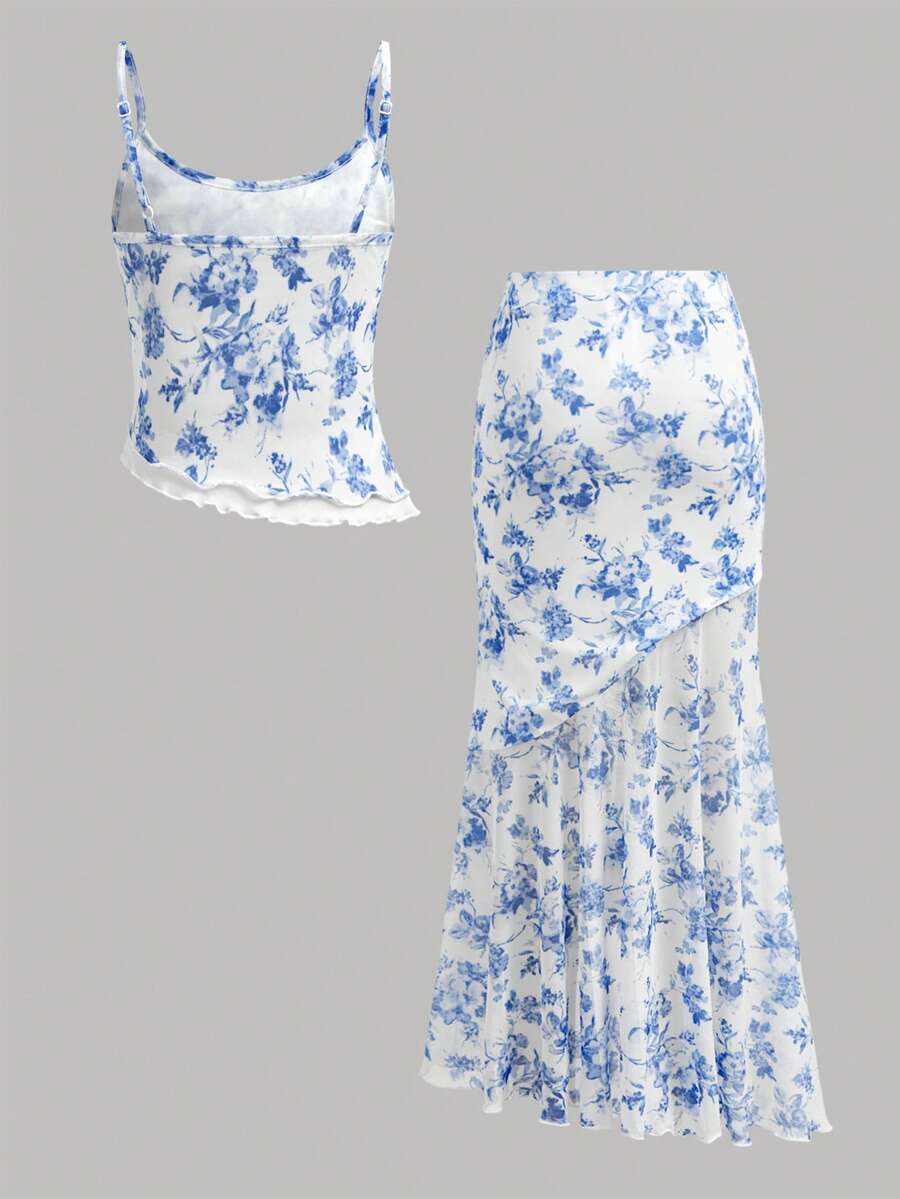 Tween girls blue 2-piece set featuring a short spaghetti strap lace tank top with asymmetrical lettuce trim and a long matching skirt.