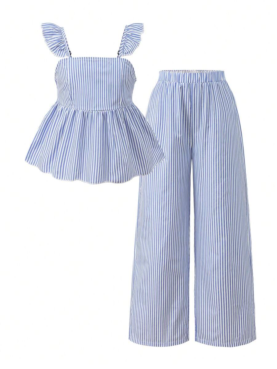 Tween girl wearing an apricot 2-piece outfit set featuring a shirred spaghetti strap short cami top and matching wide-leg long pants.