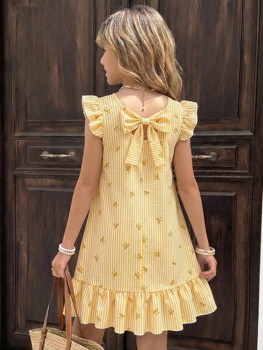 Tween girls apricot vacation midi dress featuring a round neck, cut out details, ruffle flounce accents, and geometric pattern.
