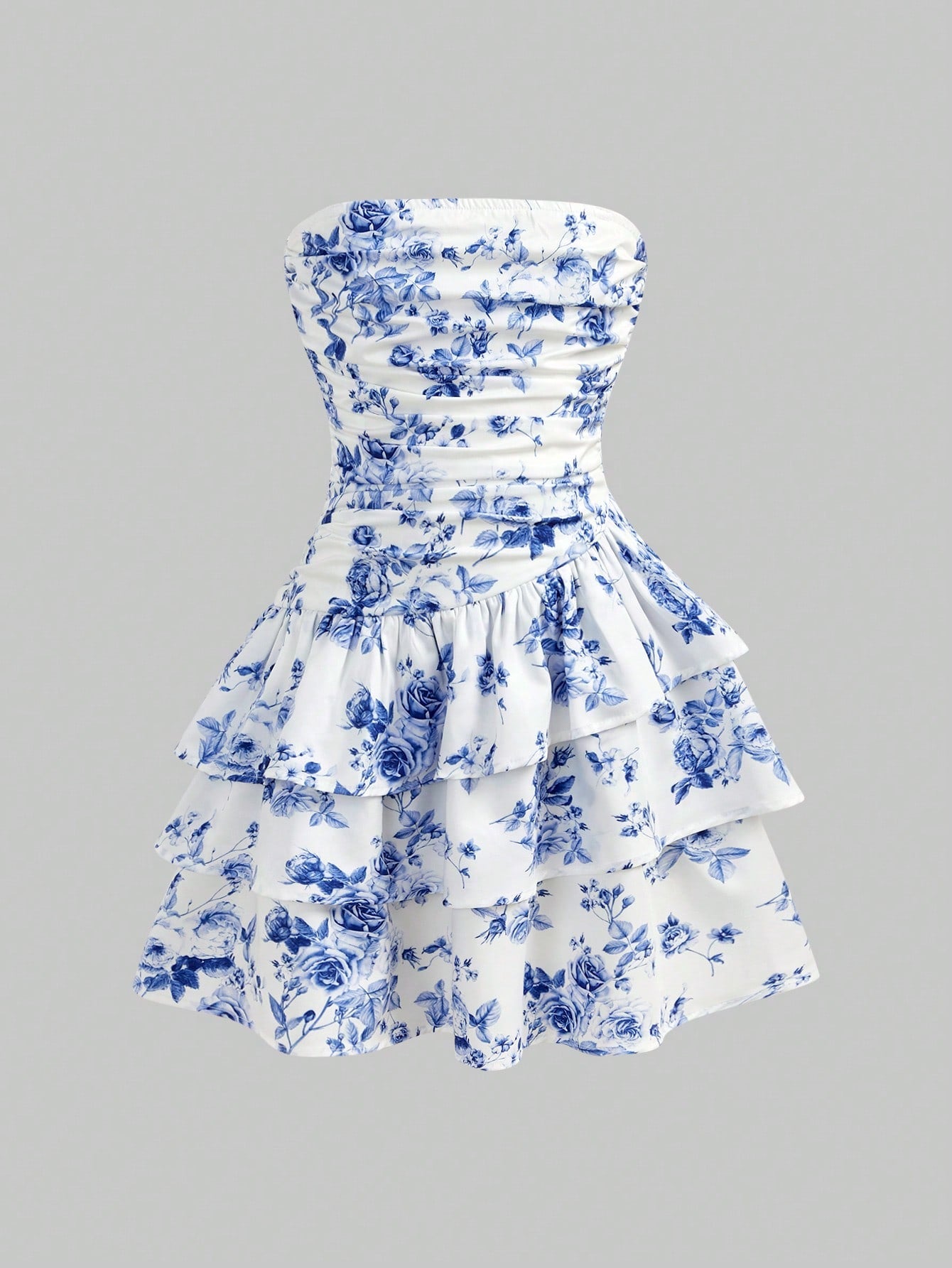 Tween girls strapless tube dress with plant print, belted high waist, tiered layer, zipper detail, flared hem, and short slim fit