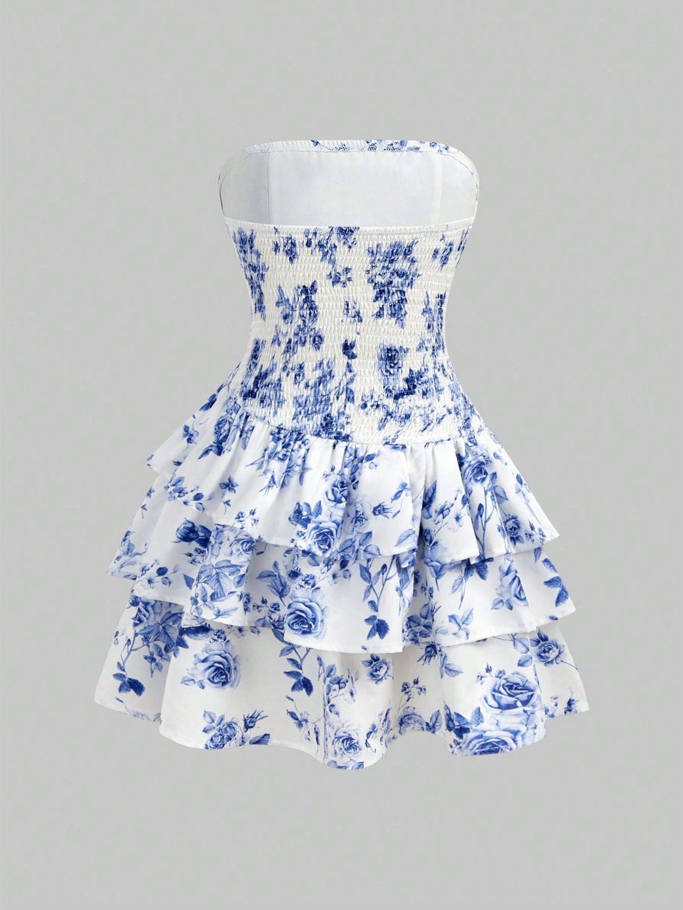 Tween girls strapless tube dress with plant print, belted high waist, tiered layer, zipper detail, flared hem, and short slim fit
