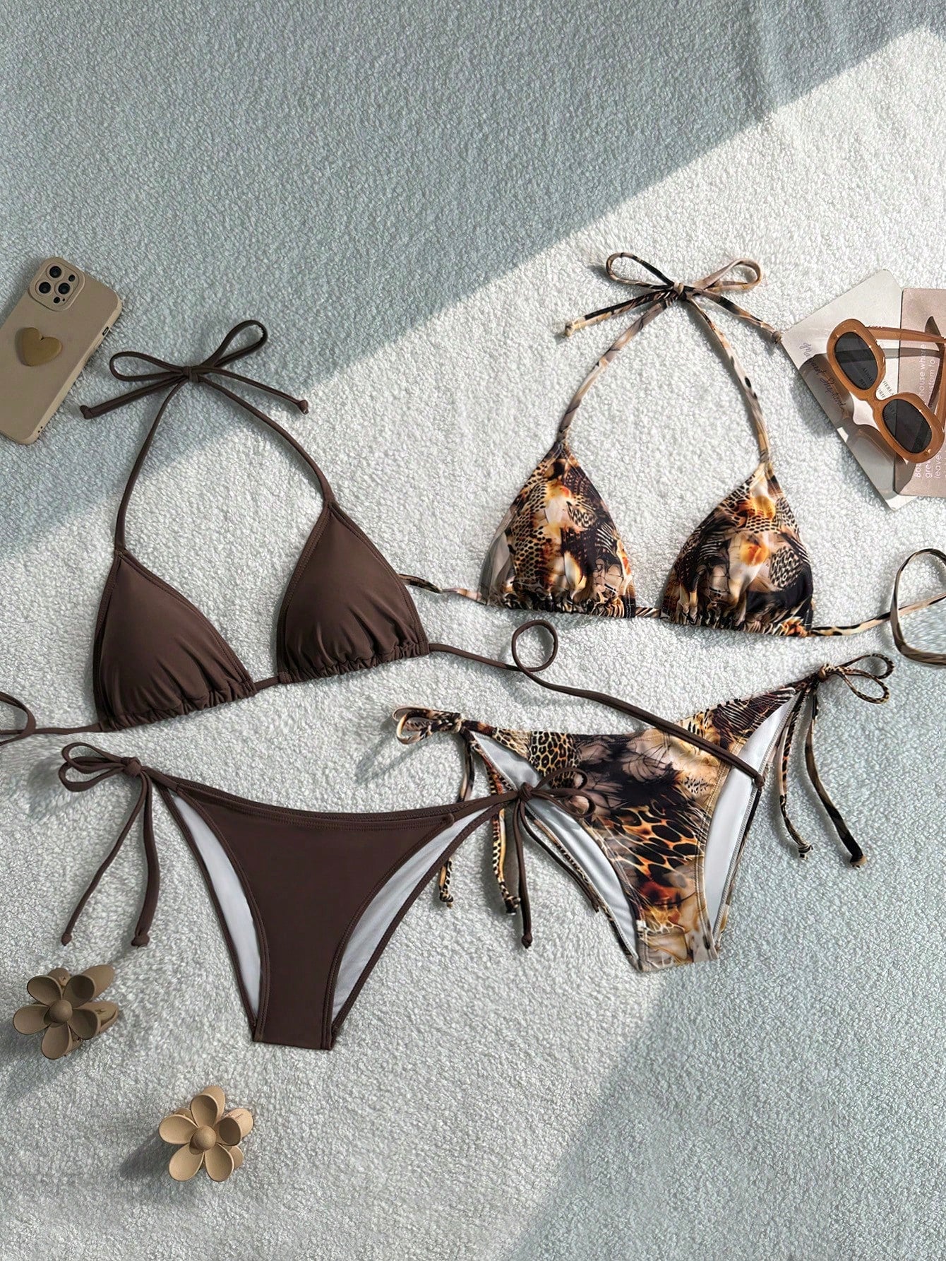 Women's high waist halter tie bikini swimwear set featuring triangle cups, wireless bra with removable padding, and tie side bottoms.