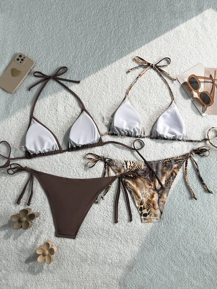 Women's high waist halter tie bikini swimwear set featuring triangle cups, wireless bra with removable padding, and tie side bottoms.