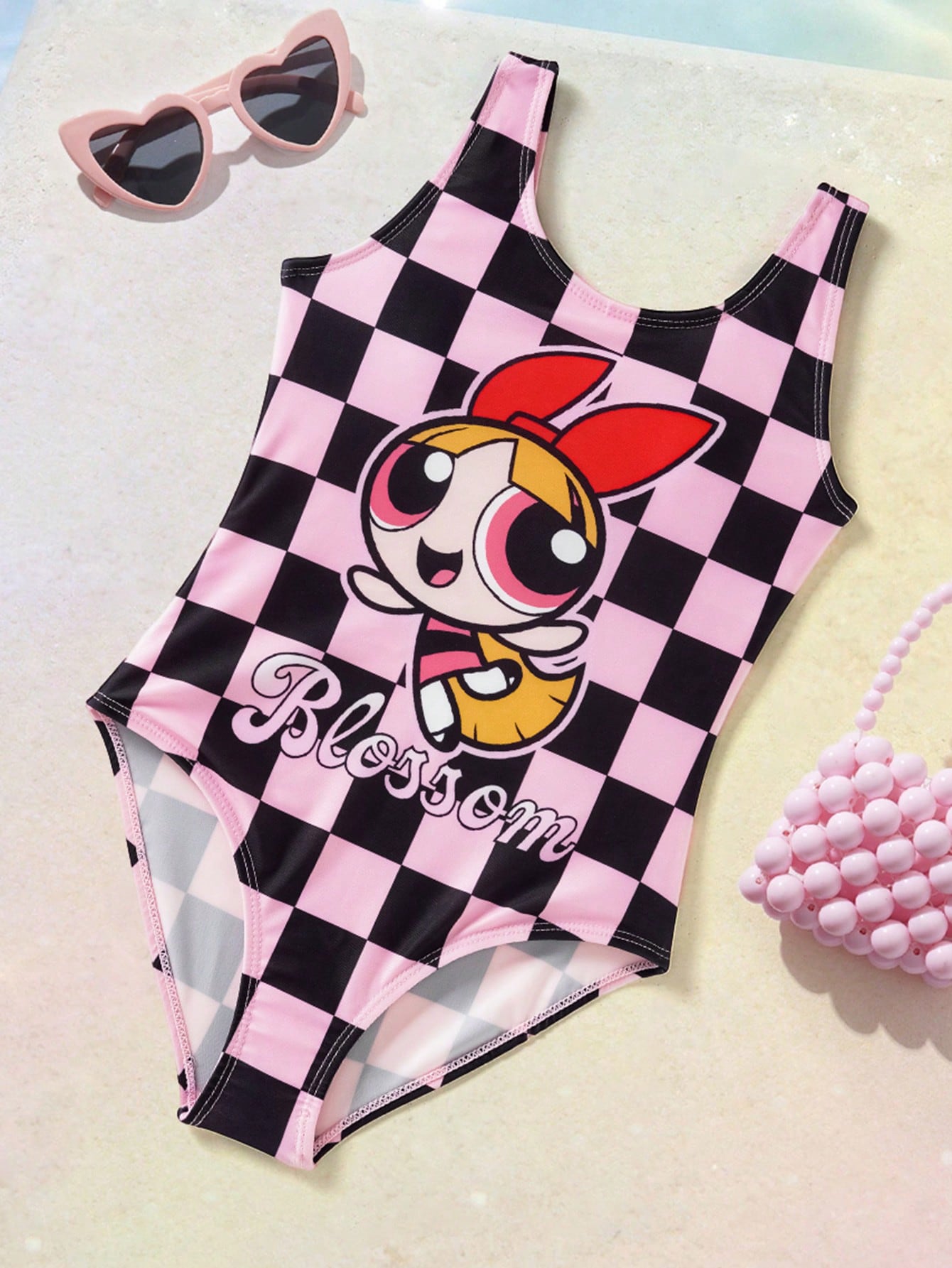 THE POWERPUFF GIRLS X Tween Girl Checkered Cartoon Print One-Piece Swimsuit