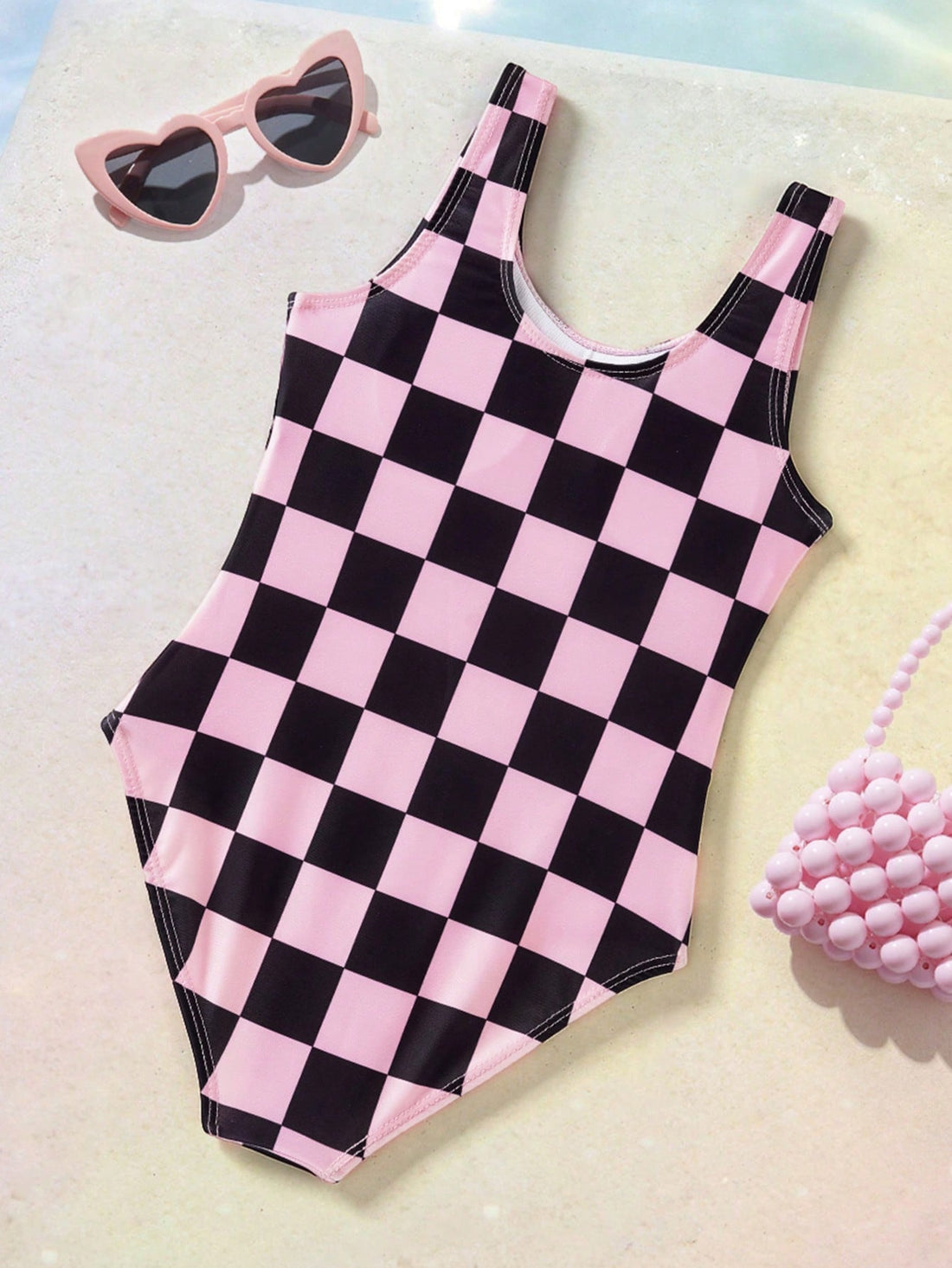 THE POWERPUFF GIRLS X Tween Girl Checkered Cartoon Print One-Piece Swimsuit