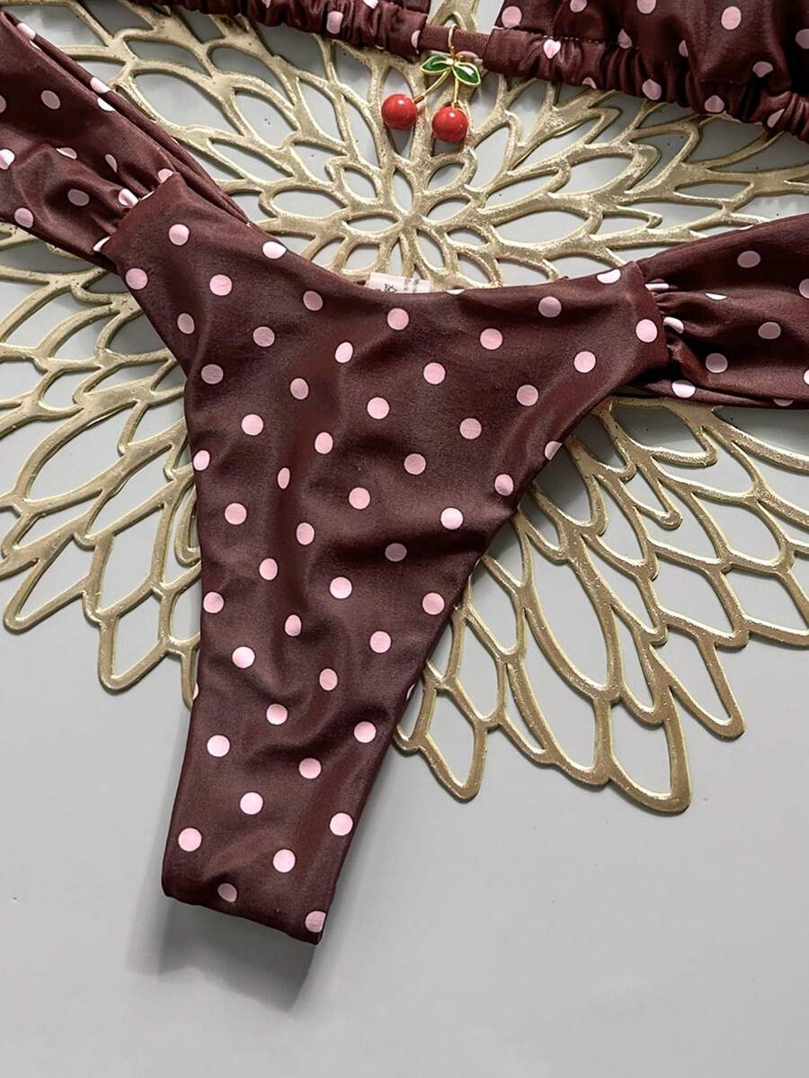 Women's 2-piece triangle cup bikini set in solid color featuring woven pearl shell decoration, halter neckline, and high-waist side-tie ruched bottoms.