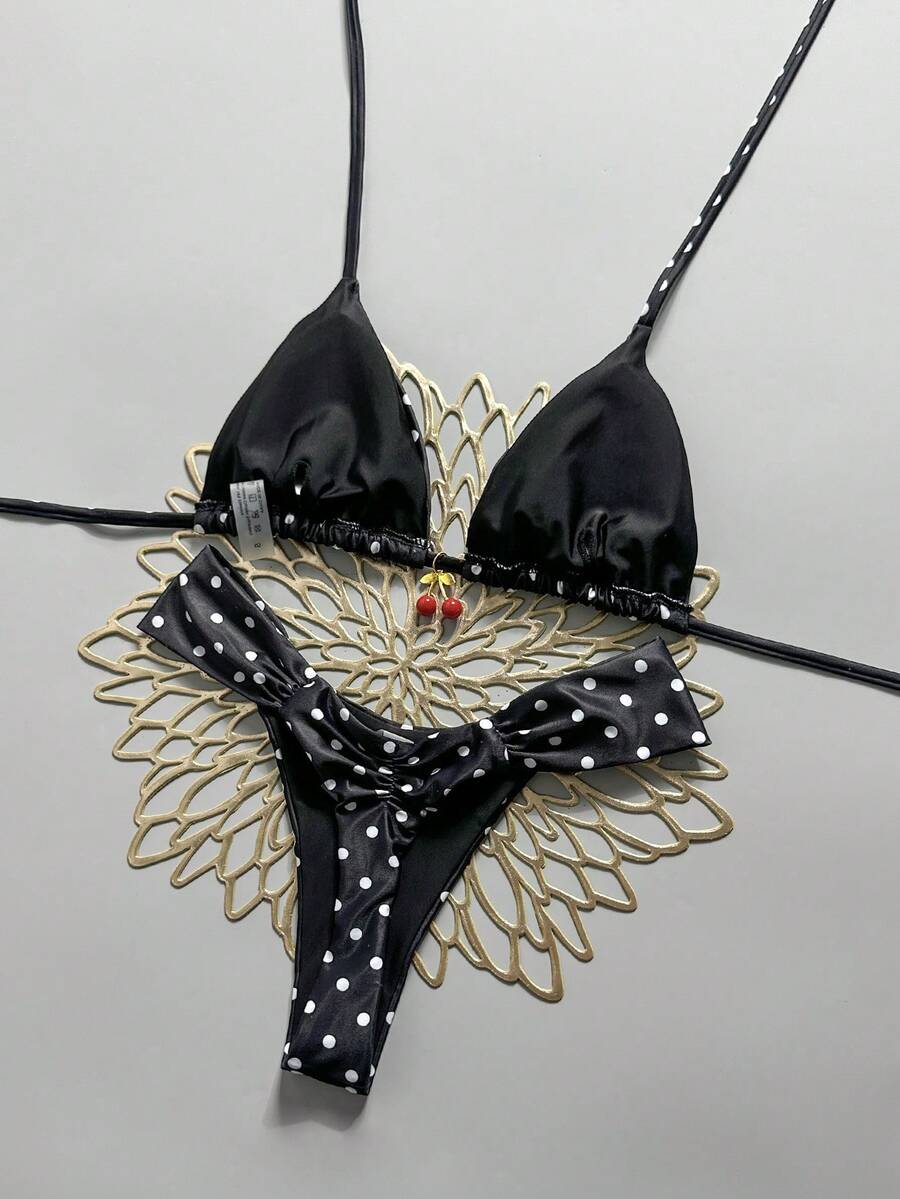 Women's 2-piece triangle cup bikini set in solid color featuring woven pearl shell decoration, halter neckline, and high-waist side-tie ruched bottoms.