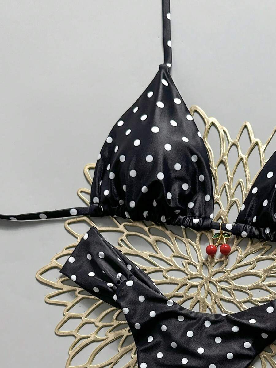 Women's 2-piece triangle cup bikini set in solid color featuring woven pearl shell decoration, halter neckline, and high-waist side-tie ruched bottoms.