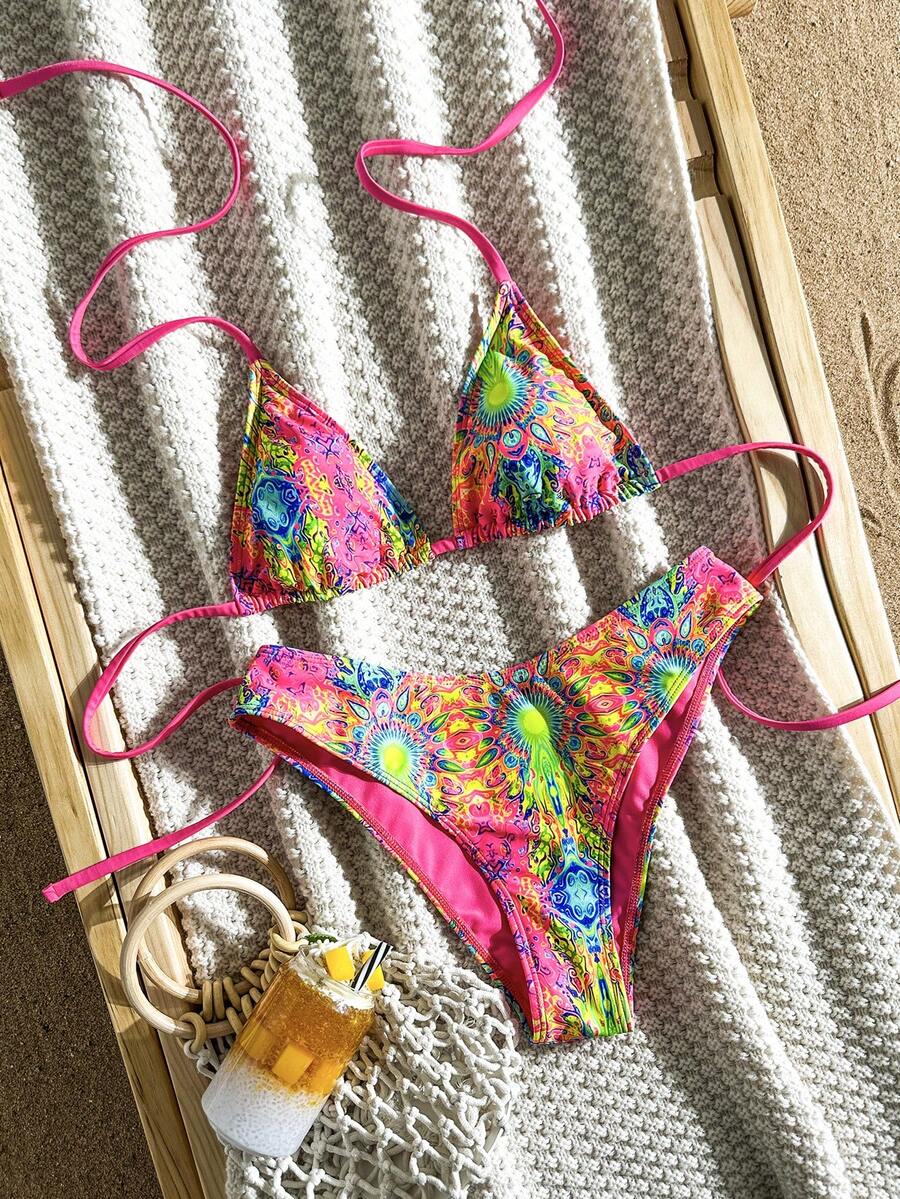 Women's apricot 2-piece halter bikini set featuring a wireless triangle top with tie-back detail and high-waisted high-cut bottoms.