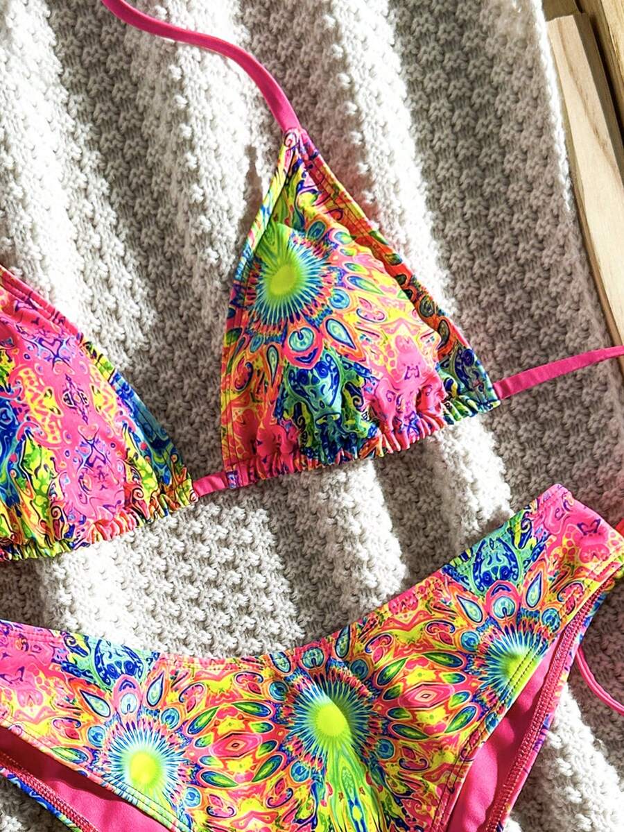 Women's apricot 2-piece halter bikini set featuring a wireless triangle top with tie-back detail and high-waisted high-cut bottoms.