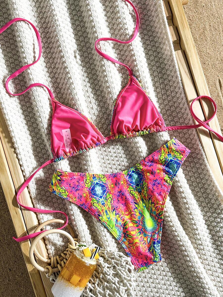 Women's apricot 2-piece halter bikini set featuring a wireless triangle top with tie-back detail and high-waisted high-cut bottoms.