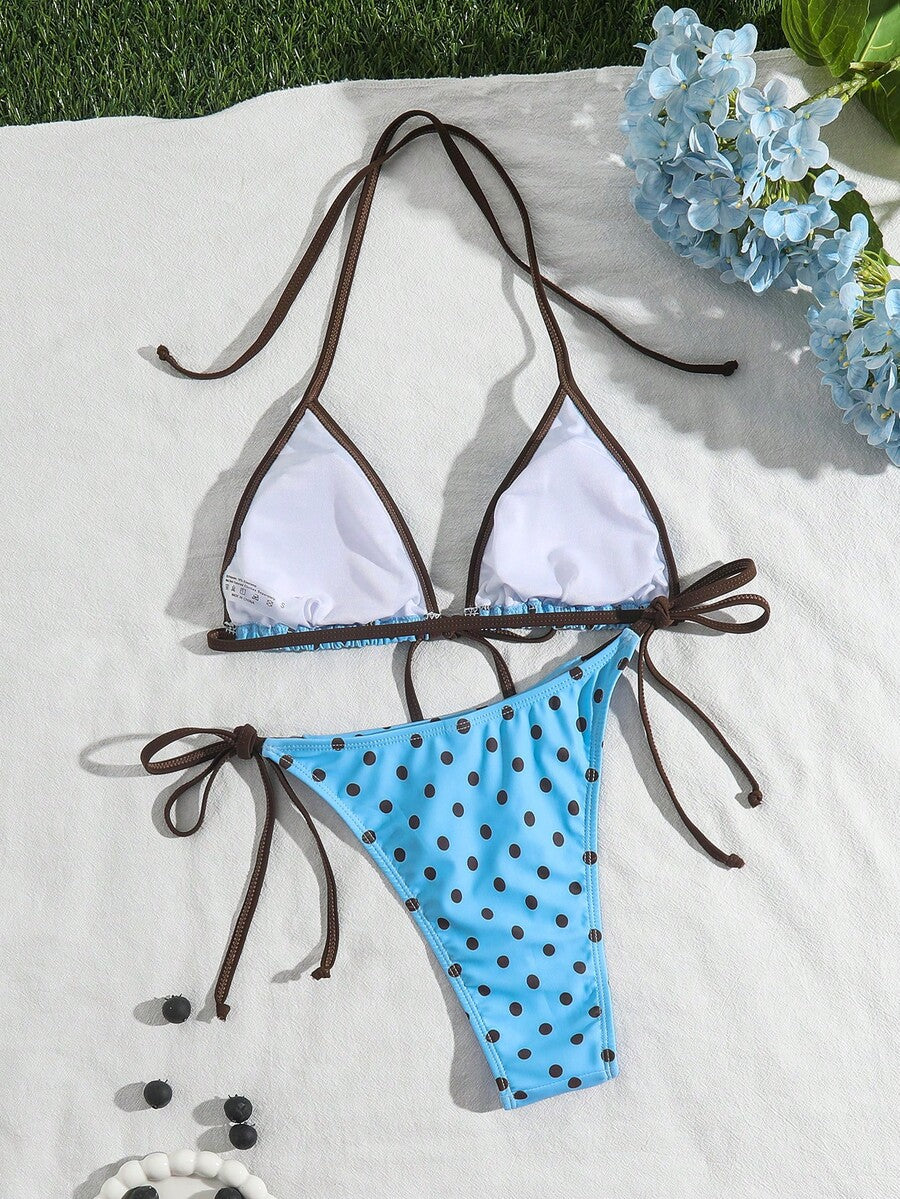 Women's tropical print two-piece halter bikini set featuring wireless triangle cups with tie-back detail and high-waist bikini bottoms.