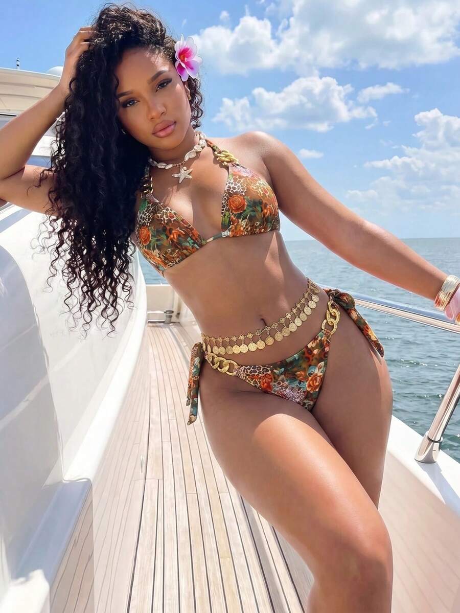 Multicolor 3-piece women's swimwear set featuring a floral plant print halter triangle bikini top with backless tie detail and matching mesh cover-up skirt.
