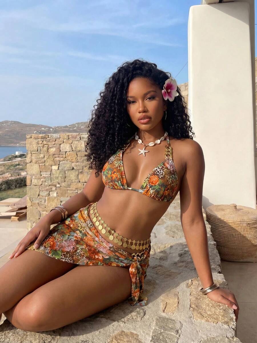 Multicolor 3-piece women's swimwear set featuring a floral plant print halter triangle bikini top with backless tie detail and matching mesh cover-up skirt.