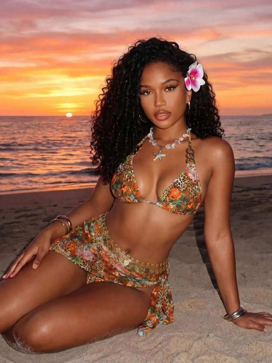 Multicolor 3-piece women's swimwear set featuring a floral plant print halter triangle bikini top with backless tie detail and matching mesh cover-up skirt.