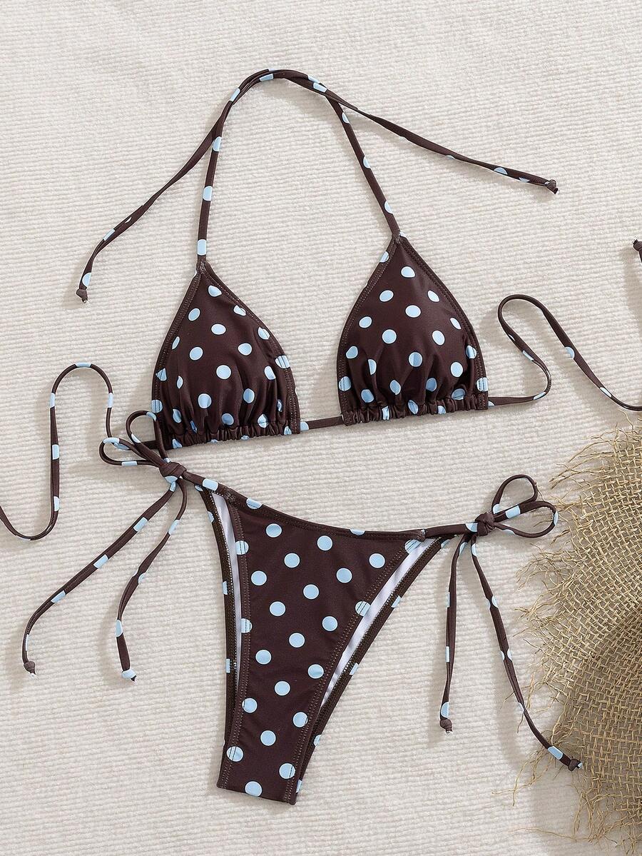 Women's 2-piece halter bikini set featuring geometric print, triangle cups with removable padding, and side tie bikini bottoms
