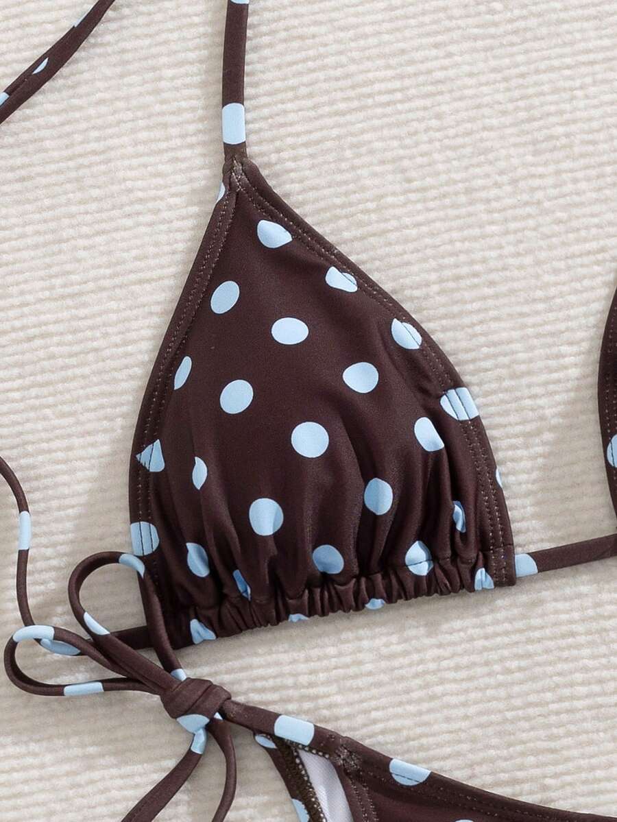 Women's 2-piece halter bikini set featuring geometric print, triangle cups with removable padding, and side tie bikini bottoms