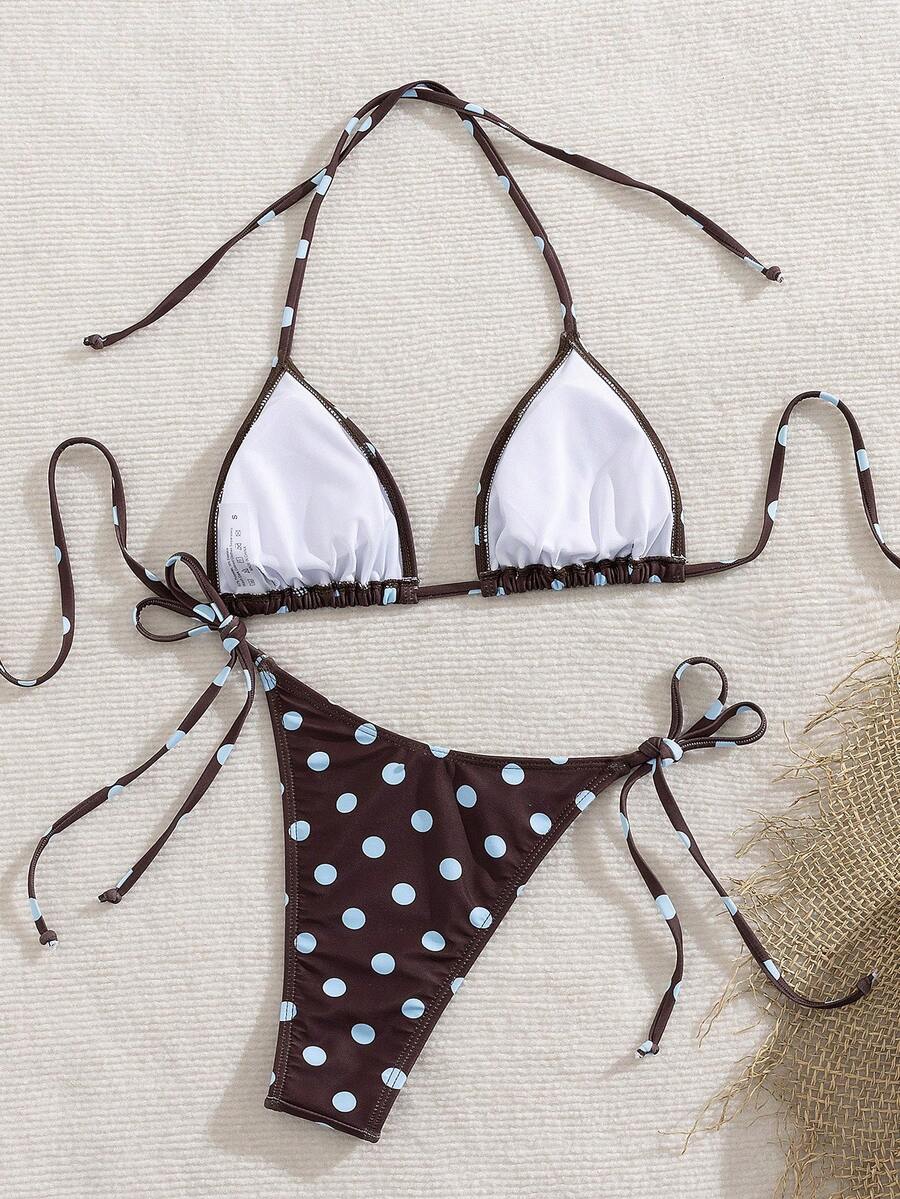 Women's 2-piece halter bikini set featuring geometric print, triangle cups with removable padding, and side tie bikini bottoms