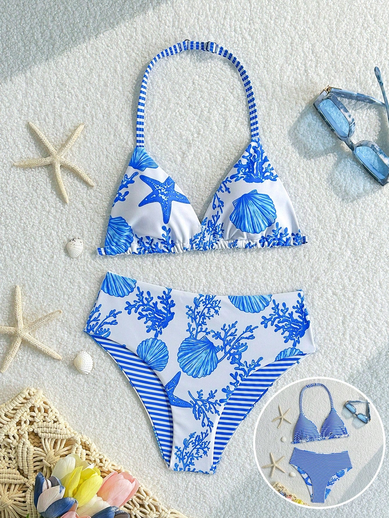 Tween Girls Bikini Sets, White Base With Blue Ocean Element Print, High Elasticity Soft Fabric, Halter Neck Triangle Top And High Waist Triangle Bottoms, Blue And White Striped Halter Design, Suitable For Tween Girls Swimming, Beach, Photography, Summer