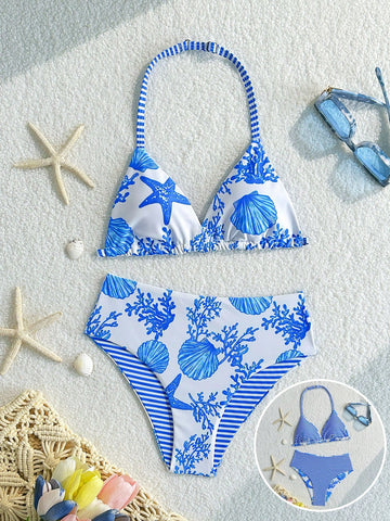 Tween Girls Bikini Sets, White Base With Blue Ocean Element Print, High Elasticity Soft Fabric, Halter Neck Triangle Top And High Waist Triangle Bottoms, Blue And White Striped Halter Design, Suitable For Tween Girls Swimming, Beach, Photography, Summer