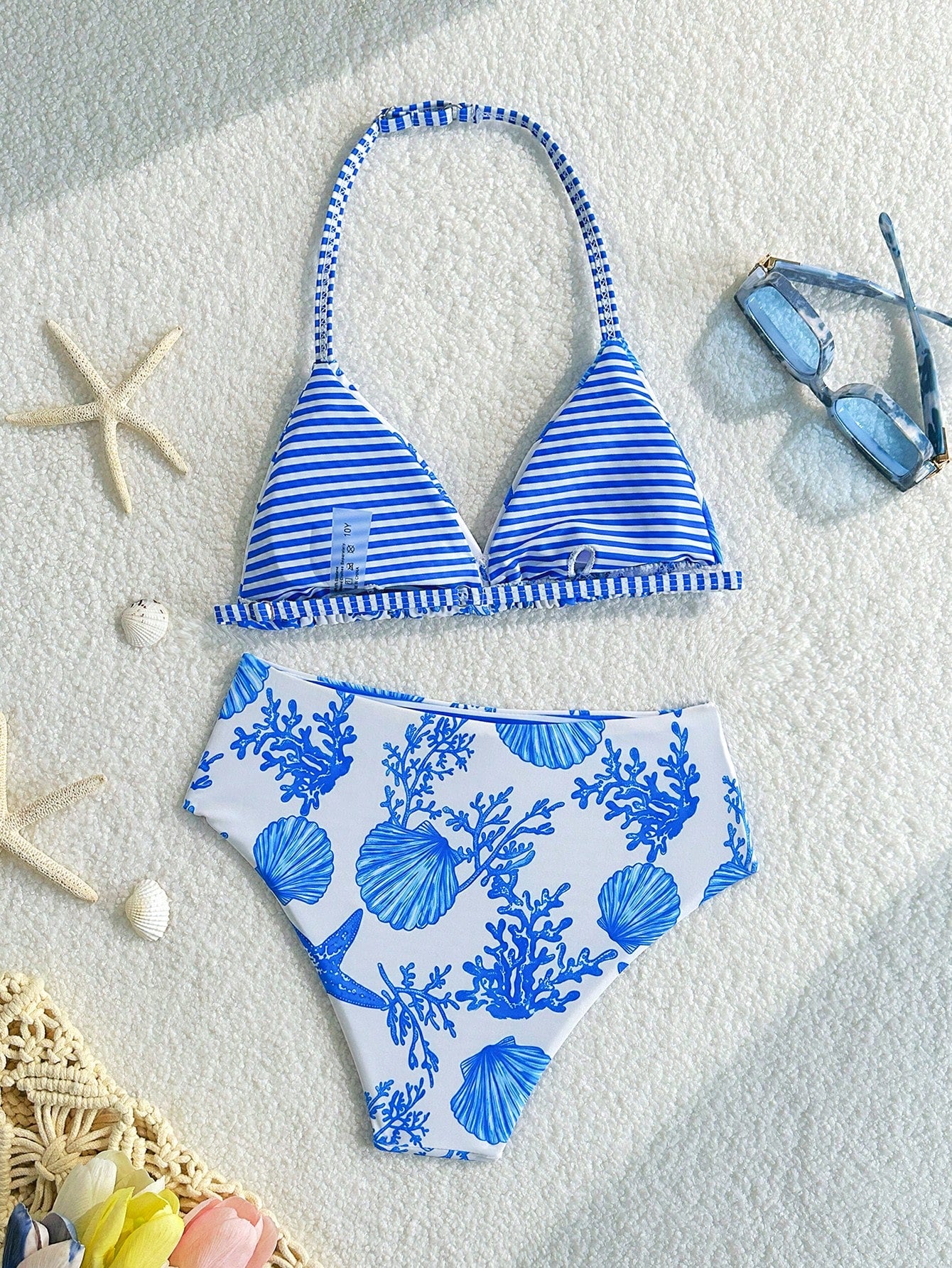 Tween Girls Bikini Sets, White Base With Blue Ocean Element Print, High Elasticity Soft Fabric, Halter Neck Triangle Top And High Waist Triangle Bottoms, Blue And White Striped Halter Design, Suitable For Tween Girls Swimming, Beach, Photography, Summer