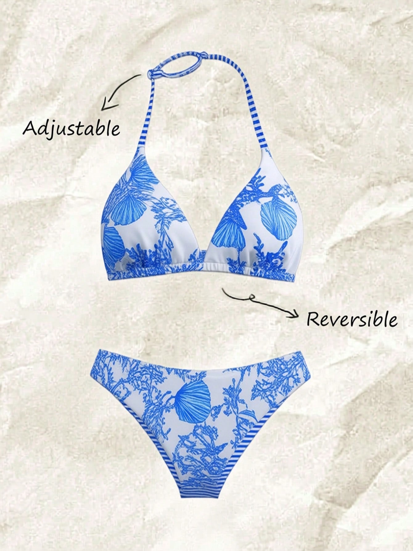 Tween Girls Bikini Sets, White Base With Blue Ocean Element Print, High Elasticity Soft Fabric, Halter Neck Triangle Top And High Waist Triangle Bottoms, Blue And White Striped Halter Design, Suitable For Tween Girls Swimming, Beach, Photography, Summer