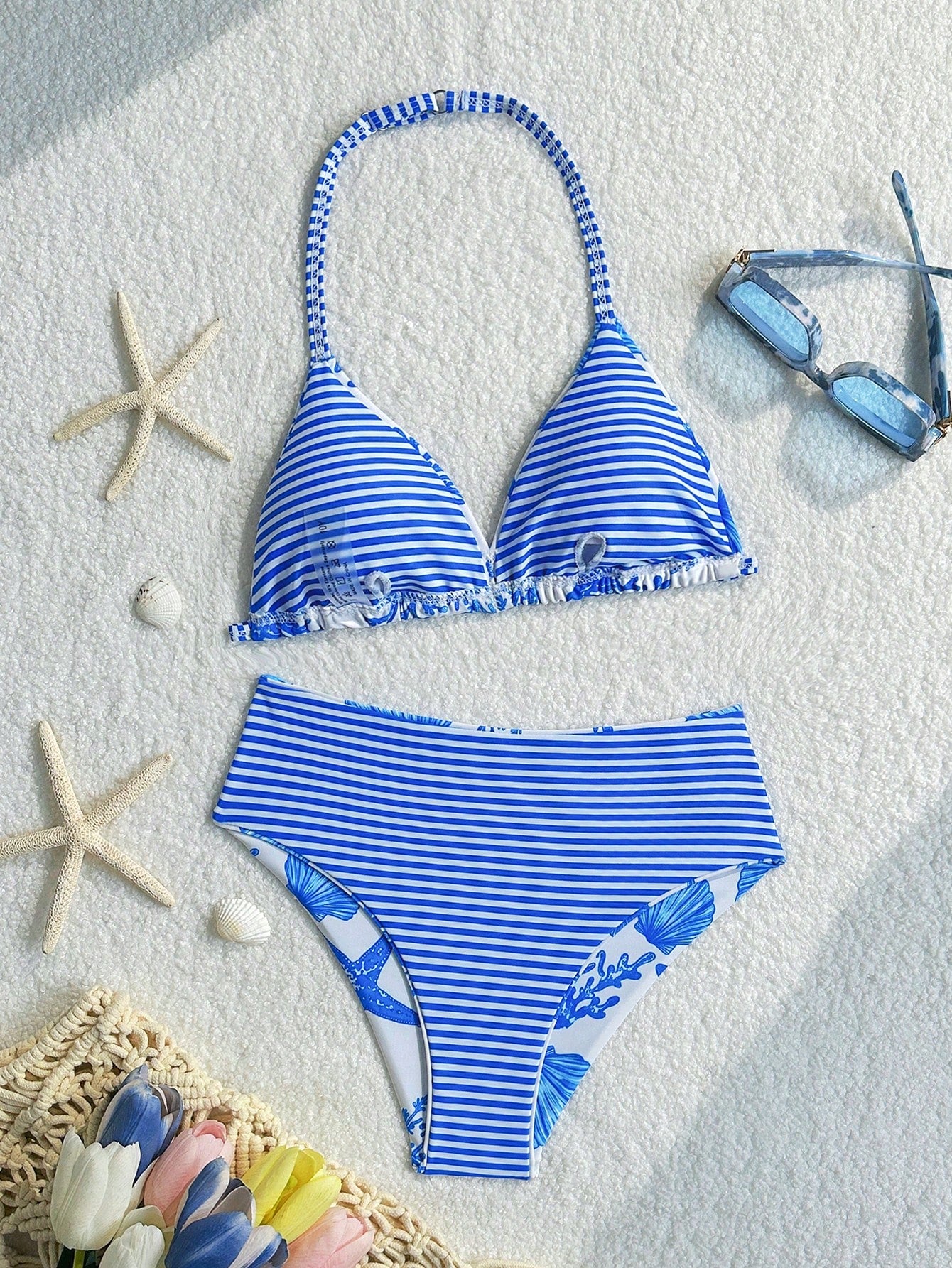 Tween Girls Bikini Sets, White Base With Blue Ocean Element Print, High Elasticity Soft Fabric, Halter Neck Triangle Top And High Waist Triangle Bottoms, Blue And White Striped Halter Design, Suitable For Tween Girls Swimming, Beach, Photography, Summer