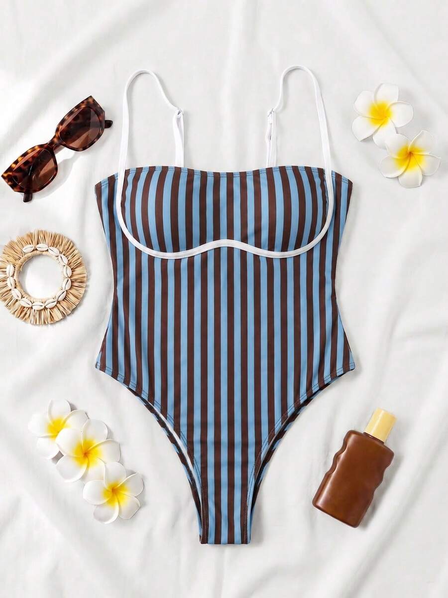 Black colorblock women's one-piece swimsuit with spaghetti straps and high stretch fabric.