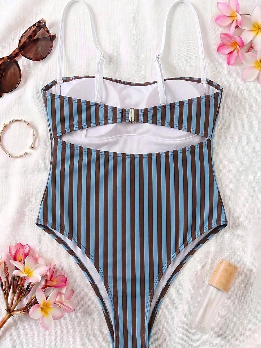 Black colorblock women's one-piece swimsuit with spaghetti straps and high stretch fabric.