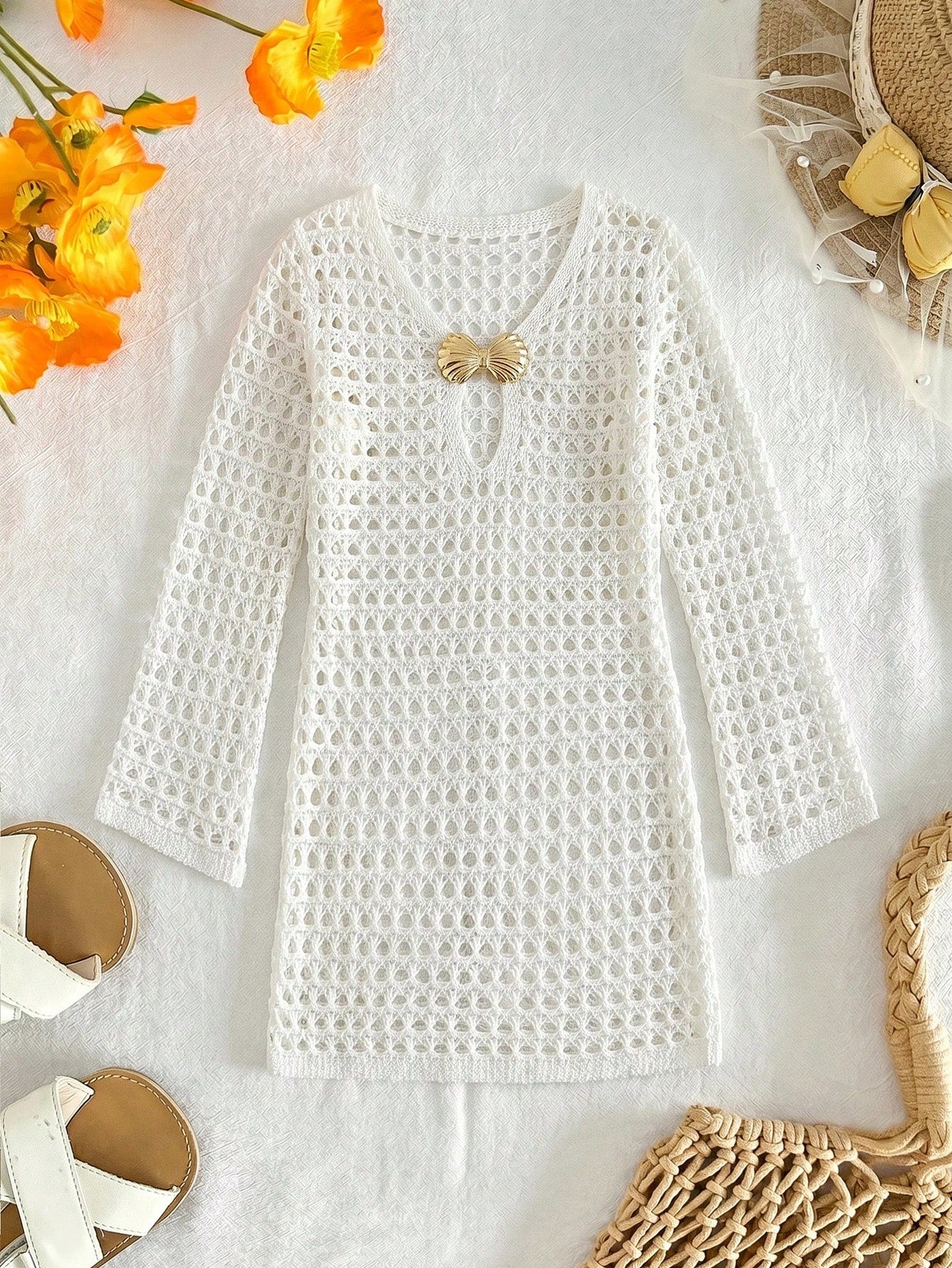 Tween girls semi-sheer white cover-up dress with V-neckline, long sleeves, contrast lace details, and zipper accent for beachwear layering.