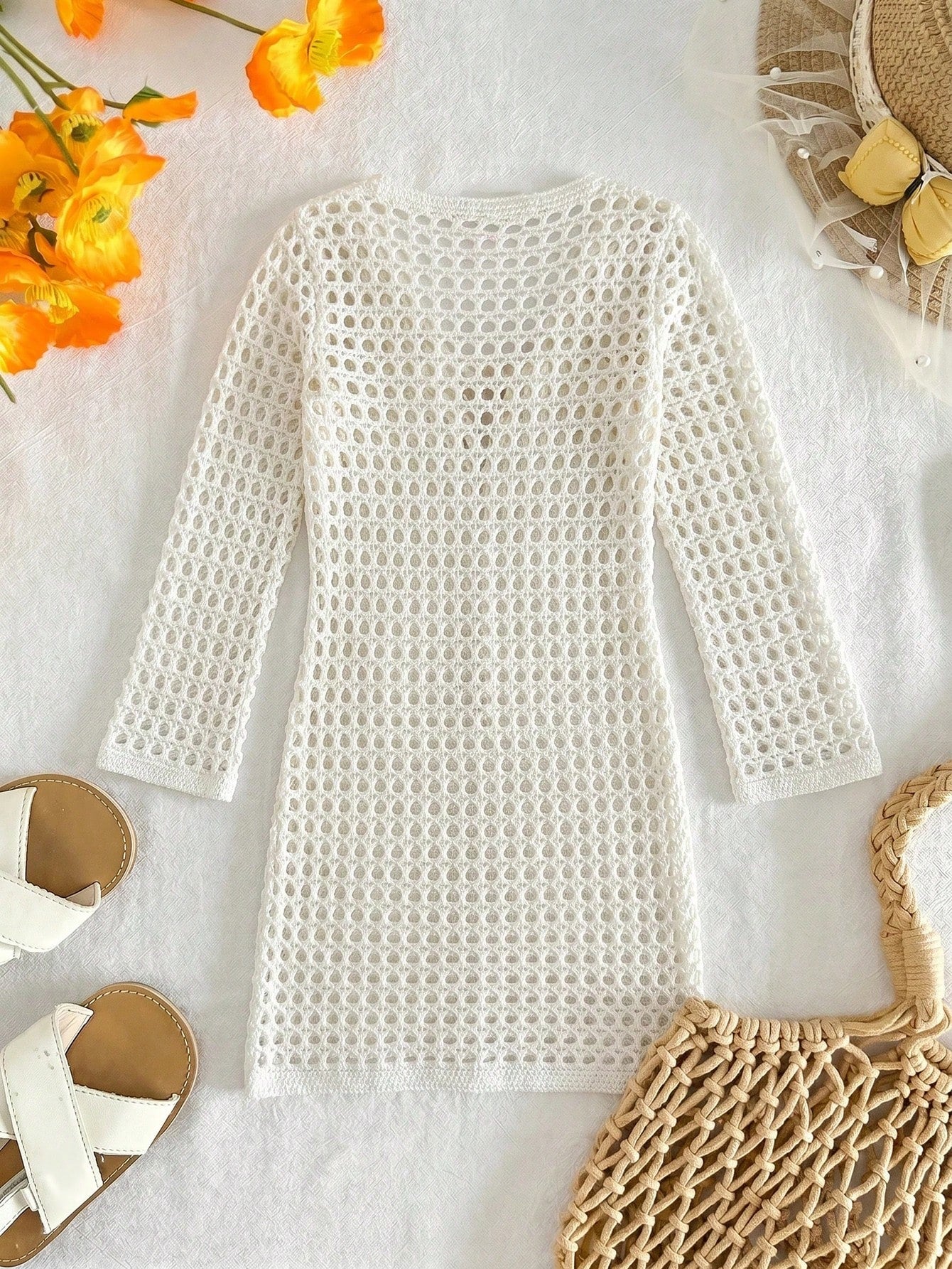 Tween girls semi-sheer white cover-up dress with V-neckline, long sleeves, contrast lace details, and zipper accent for beachwear layering.