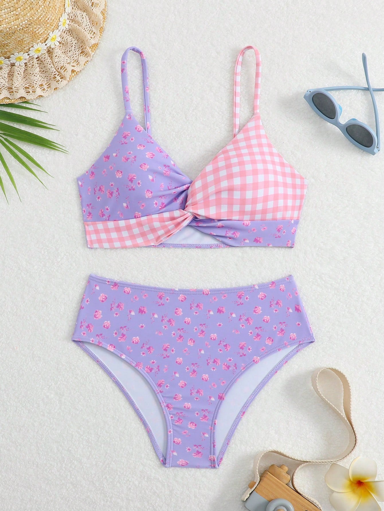 Tween girls multicolor striped 2-piece bikini set with spaghetti strap top, twist detail, and short high-waist or mid-waist swim bottoms for beach and pool wear.