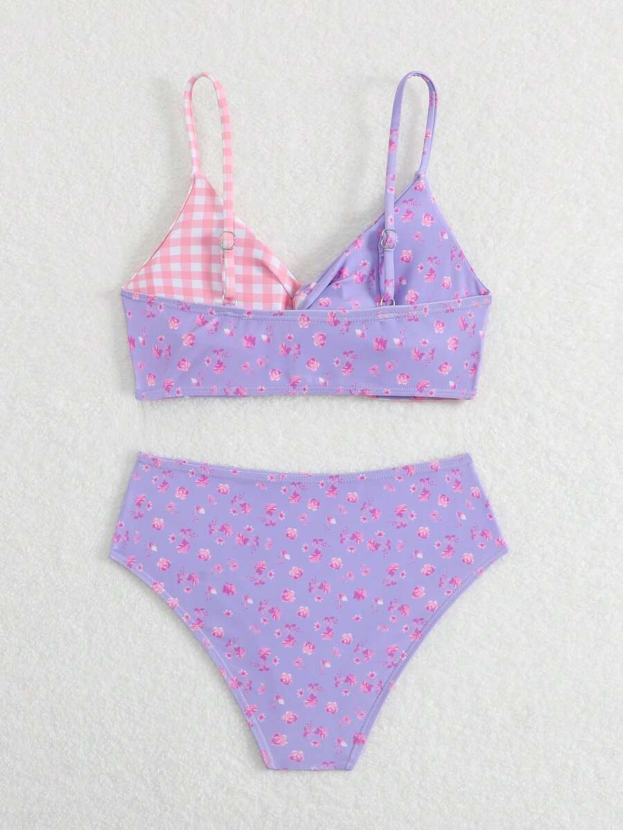Tween girls multicolor striped 2-piece bikini set with spaghetti strap top, twist detail, and short high-waist or mid-waist swim bottoms for beach and pool wear.