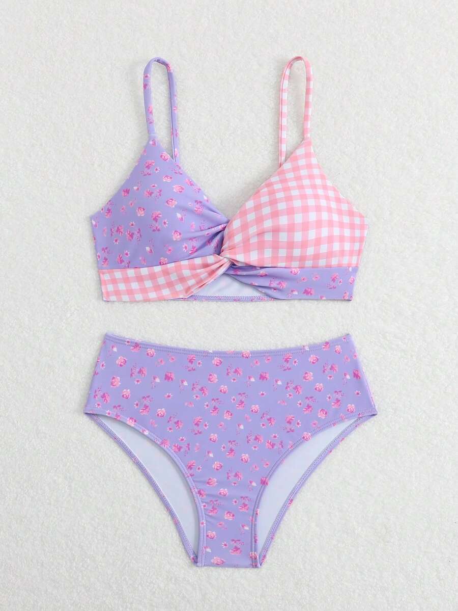 Tween girls multicolor striped 2-piece bikini set with spaghetti strap top, twist detail, and short high-waist or mid-waist swim bottoms for beach and pool wear.