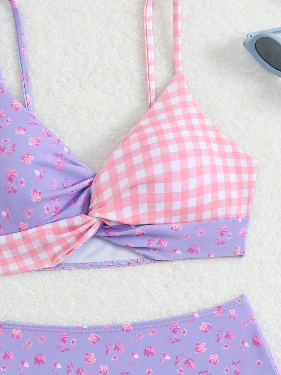 Tween girls multicolor striped 2-piece bikini set with spaghetti strap top, twist detail, and short high-waist or mid-waist swim bottoms for beach and pool wear.
