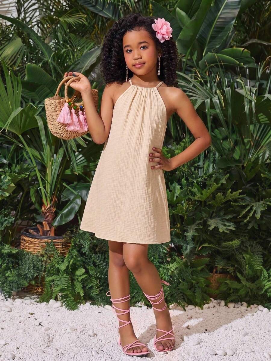 Tween girls floral halter A-line dress with contrast lace, applique and fringe details, sleeveless short length in polyester