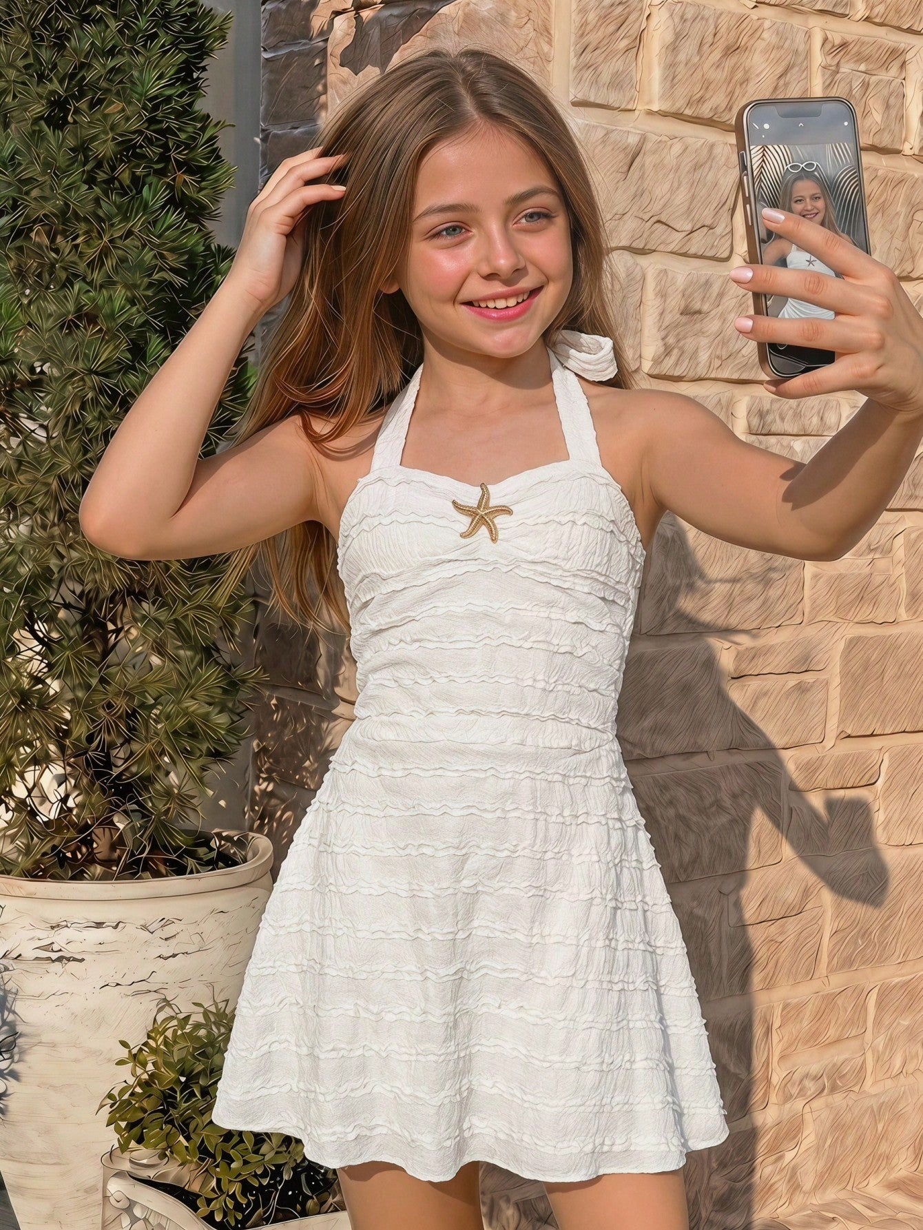 Apricot tween girls sleeveless halter cami dress with appliques, bow front, zipper detail, high waist, flared hem, and short slim fit design.