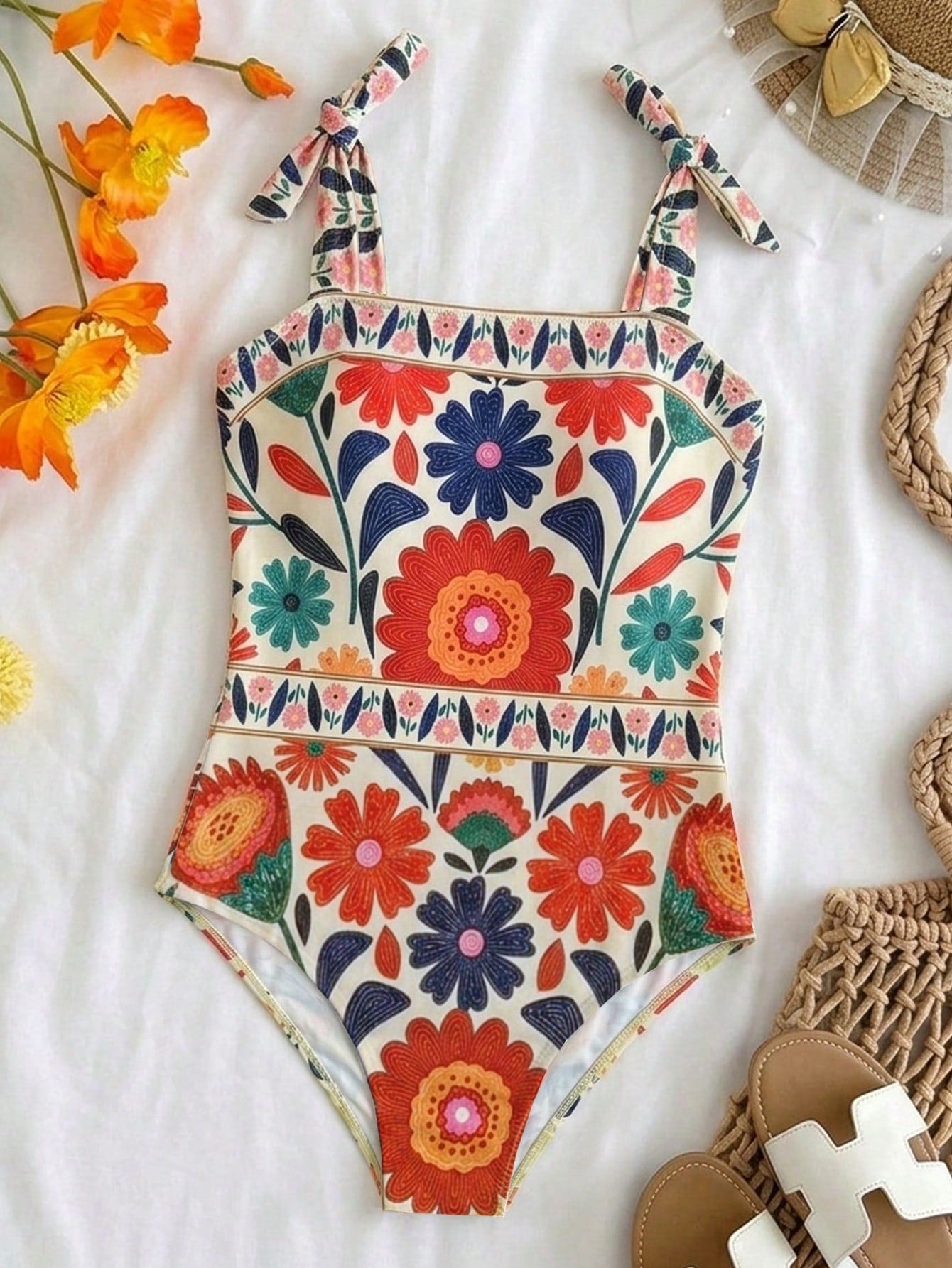Tween girls multicolor floral one-piece swimsuit with tie shoulder straps, ruffle detail, short bottom, and vacation beach style