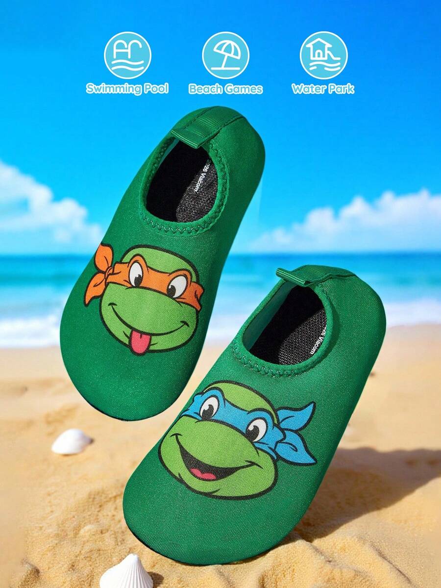 Girls cartoon pattern non-slip water shoes with slip-on closure and durable TPR outsole for beach and outdoor sports.