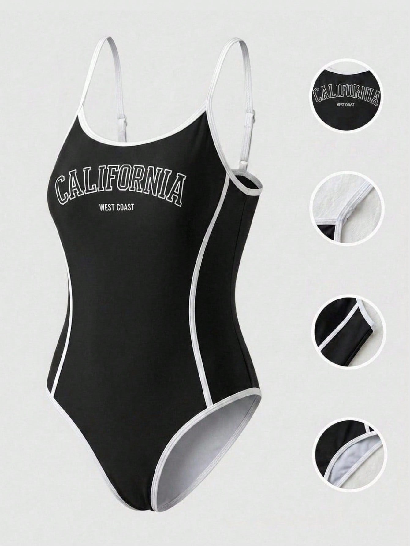Tween Girls' Black & White Contrast Color One-Piece Swimsuit, Minimalist One-Piece Swimwear For Beach Vacation