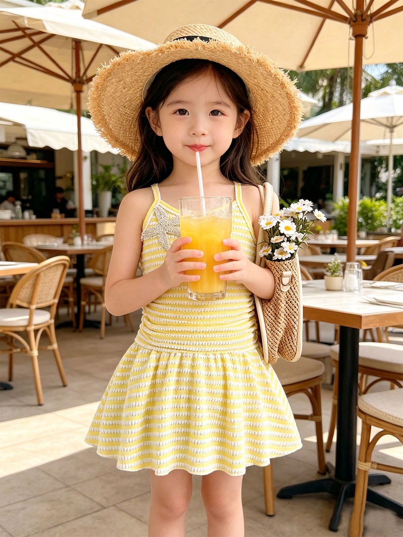 Tween girls apricot sleeveless halter mini dress with textured starfish and shell decor, shirred tiered layer, high waist, and flounce hem.