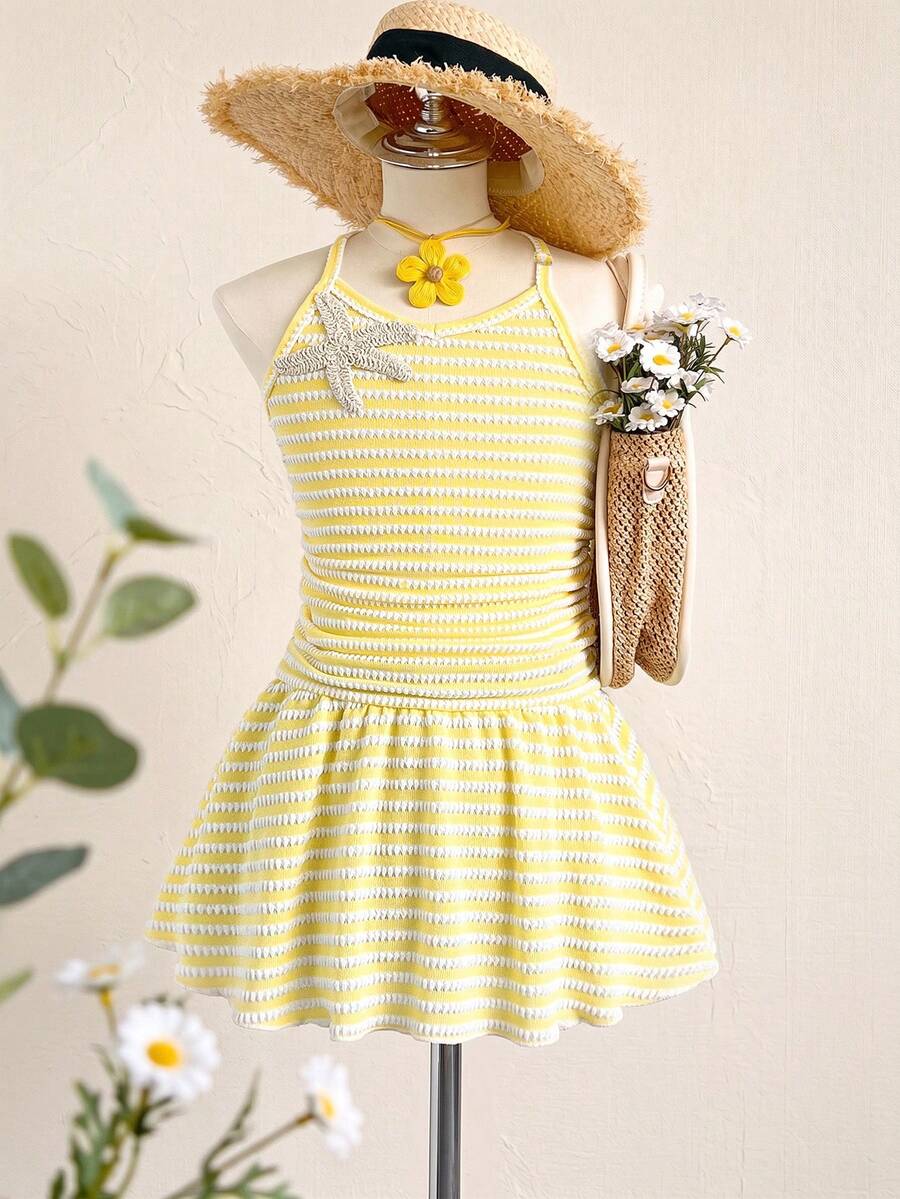 Tween girls apricot sleeveless halter mini dress with textured starfish and shell decor, shirred tiered layer, high waist, and flounce hem.