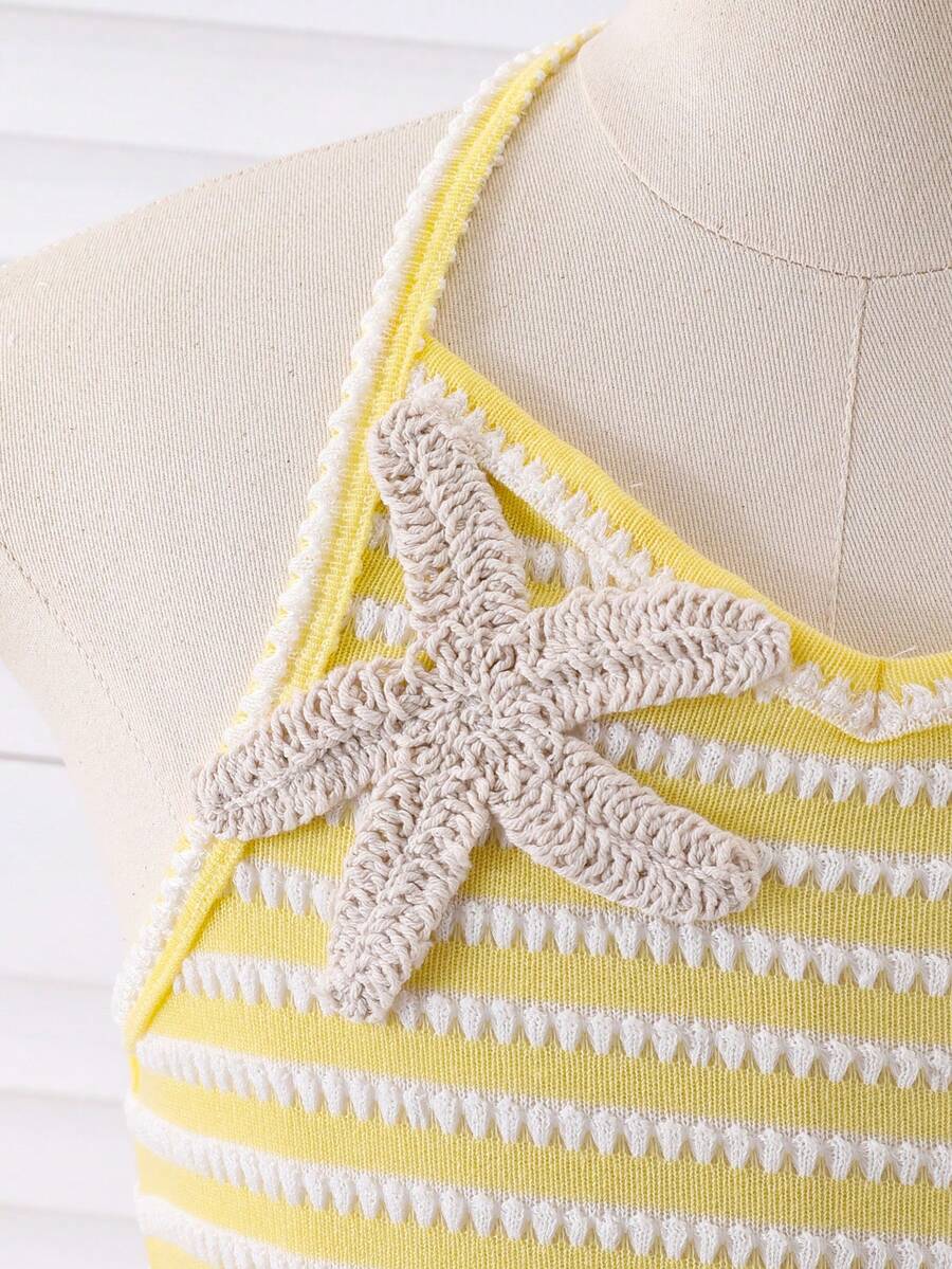 Tween girls apricot sleeveless halter mini dress with textured starfish and shell decor, shirred tiered layer, high waist, and flounce hem.